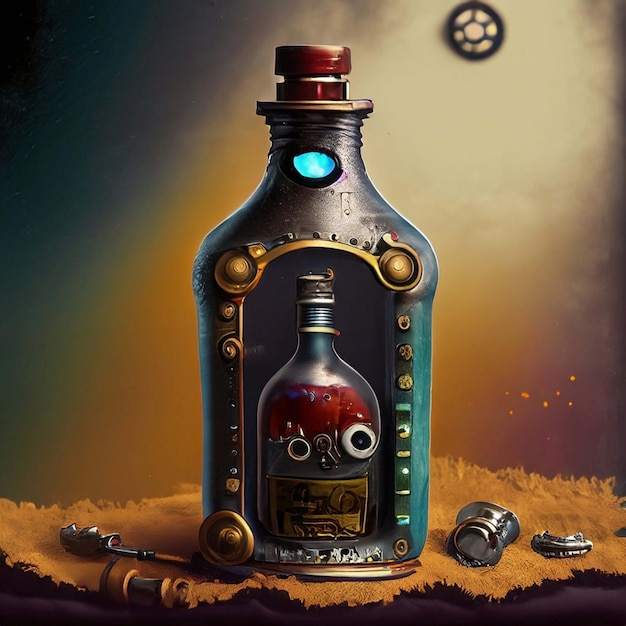 Steampunk style bulbousshaped scent bottle isolated on a black background Generative AI illustration