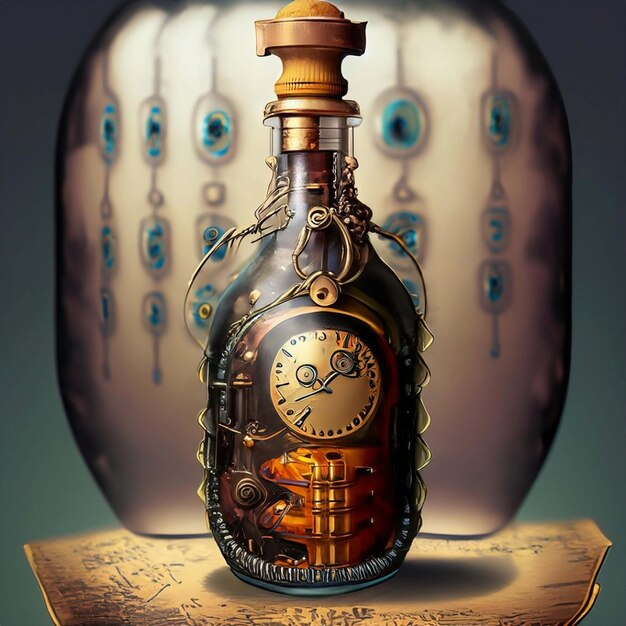 Steampunk style bulbousshaped scent bottle isolated on a black background Generative AI illustration