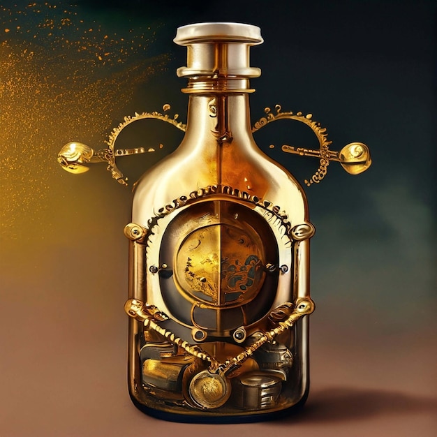 Steampunk style bulbousshaped scent bottle isolated on a black background Generative AI illustration