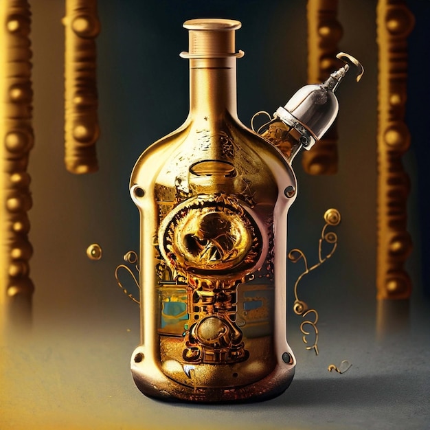 Steampunk style bulbousshaped scent bottle isolated on a black background Generative AI illustration