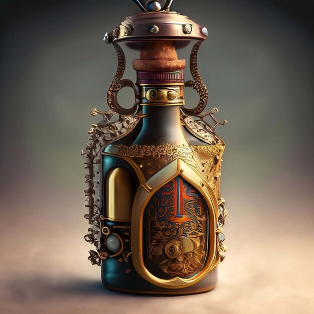 Steampunk style bulbousshaped scent bottle isolated on a black background