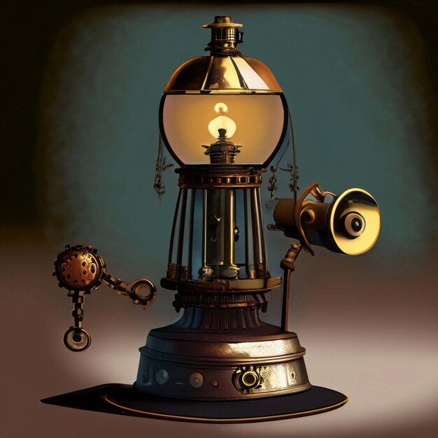 Steampunk style lamp on brown wooden table at concrete wall background 3D Render