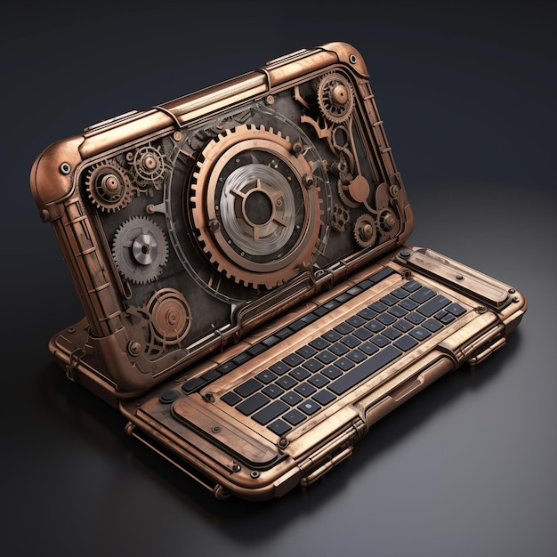 Photo steampunk style laptop computer futuristic digital device generative ai