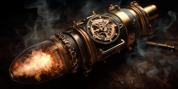 Photo steampunk style rocket engine with glowing flame and smoke