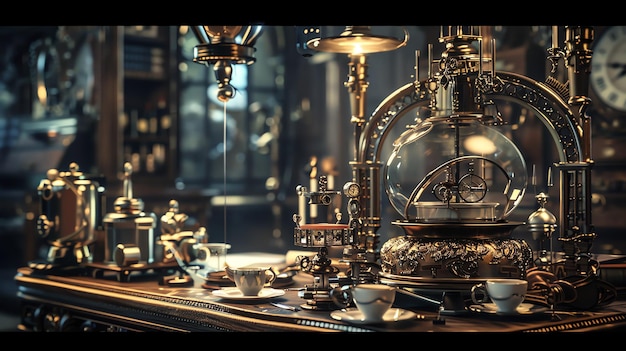 A steampunk style still life with intricate brass mechanisms and teacups on a wooden table