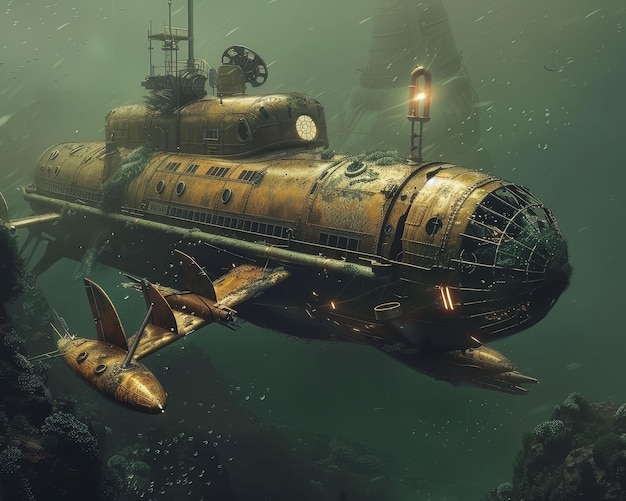 Steampunk submarine exploring underwater ruins past meets future