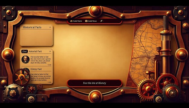 Photo steampunk theme layout screen for a history streamer with warm bronze and game interface design