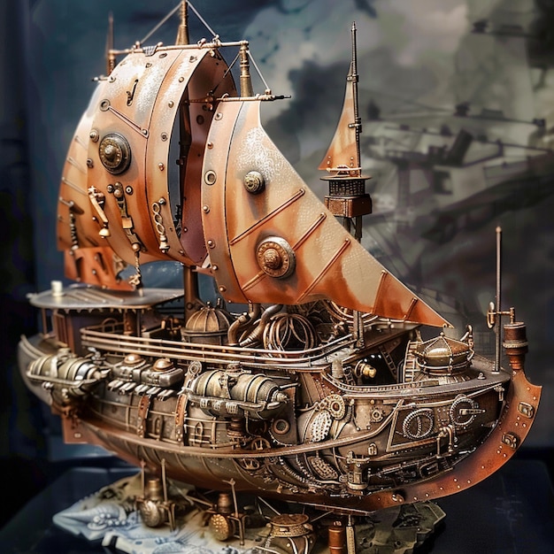 A steampunk transporter with flooding sails and metal fittings