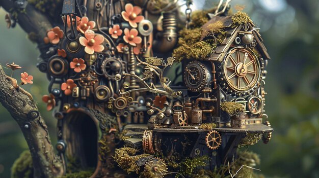 Photo steampunk treehouse with clock and gears