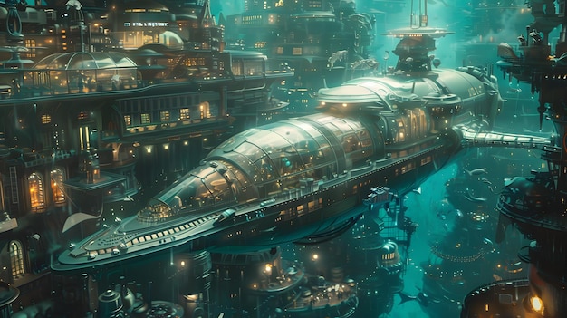 Steampunk Underwater City with Mechanical Sea Creatures