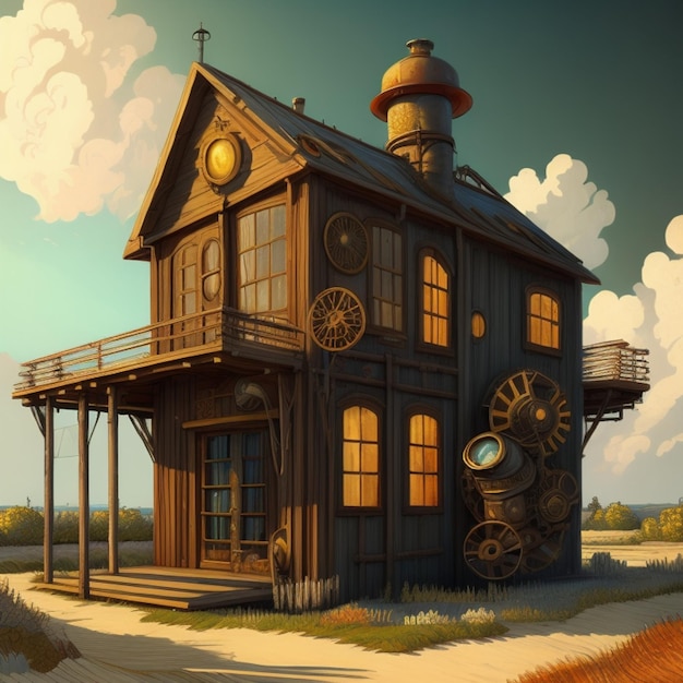 Steampunk Van Gogh style rustic house