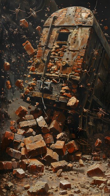 Photo steampunk wreckageabandoned brick trowels and scattered crickets on a damaged transport truck