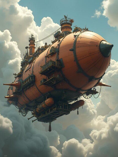 Photo a steampunkinspired airship flying through the clouds