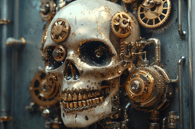 A steampunkinspired skull with brass gears and mec