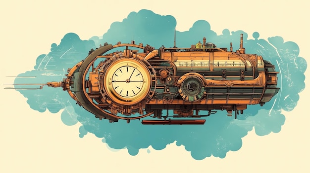 Photo a steampunkstyle airship with a clock face on the side flies through the clouds