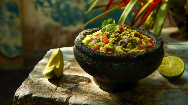 Steamy Fresh Guacamole in a Stone Bowl with Tortilla Chips