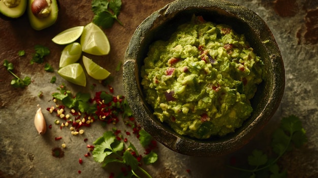 Steamy Fresh Guacamole in a Stone Bowl with Tortilla Chips