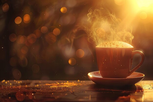 Steamy Hot Coffee in Ceramic Cup with Strong Bokeh Background