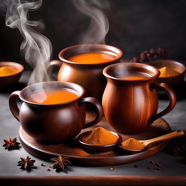 Steamy Masala Chai in Wooden Mugs on Gray Surface