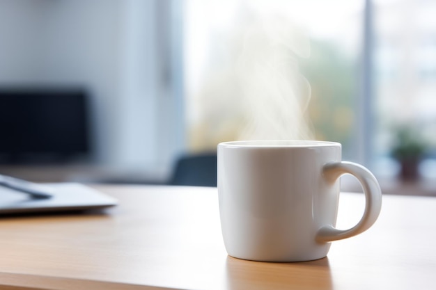 Steamy Morning Brew Inviting Scene of Freshly Brewed Coffee in Mug on Desk