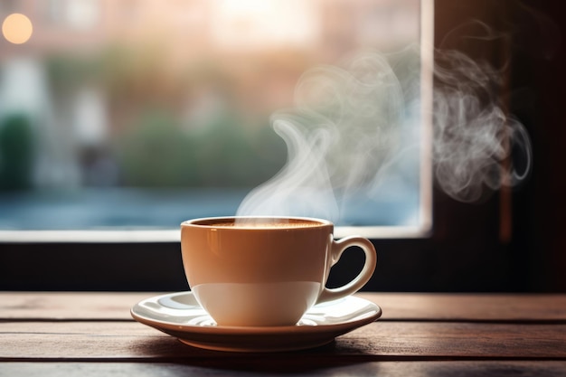 Steamy Morning Brew Inviting Scene of Freshly Brewed Coffee in Mug on Desk