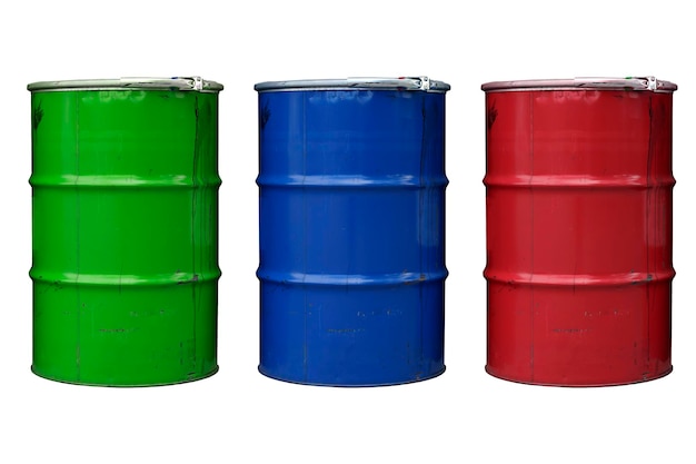 Steel barrels isolate Colored barrels for oil chemistry industry on an empty white background