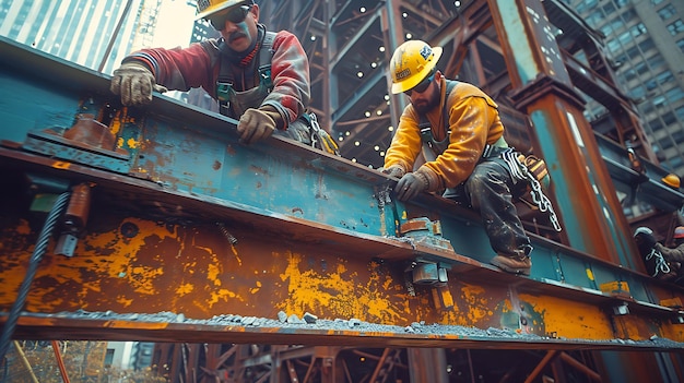 Photo steel beam installation site workers guiding bolting large steel beam into place multistory building