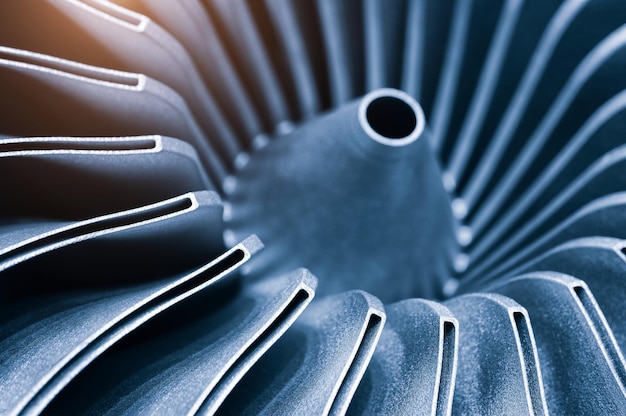 Steel blades of turbine propeller 3D printing Closeup view In BW Selected focus on foreground