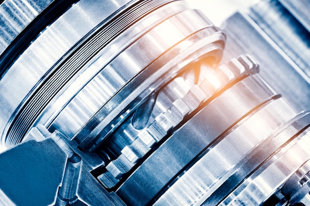 Steel blades of turbine propeller Closeup view xA Selected focus on foreground engineering technology concept