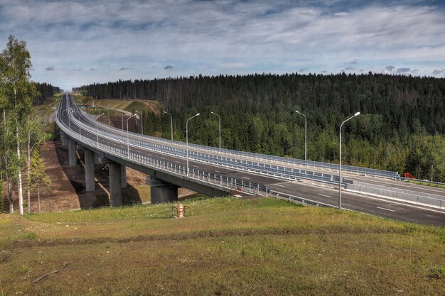 Steel bridge over the river forest, concrete pillars supporting metal structures.