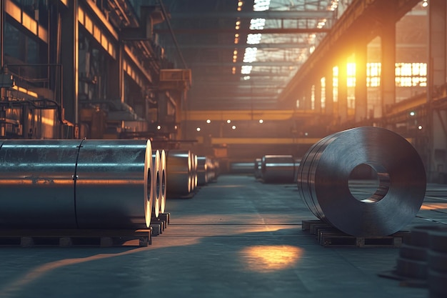 Photo steel coils in modern industrial factory at dusk