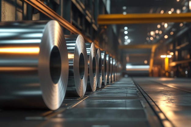 Photo steel coils in modern industrial factory at dusk