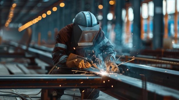 A steel construction worker welding steel beams together at a construction site