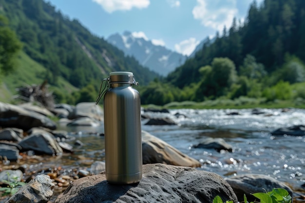 Photo steel ecothermal bottle against the background of a river in the mountains