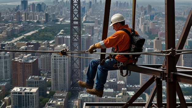 Photo steel erector high above the ground securing a steel beam with a wrench