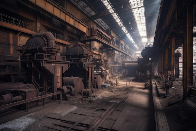 Steel factory with rows of towering furnaces and rolling mills