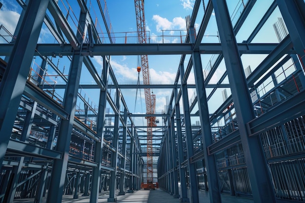 Steel Frames of A Building Under Construction With Tower Crane On Top