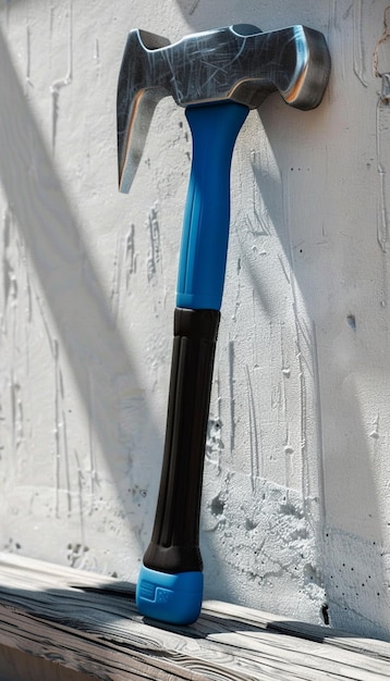 Photo a steel hammer with a blue handle and black