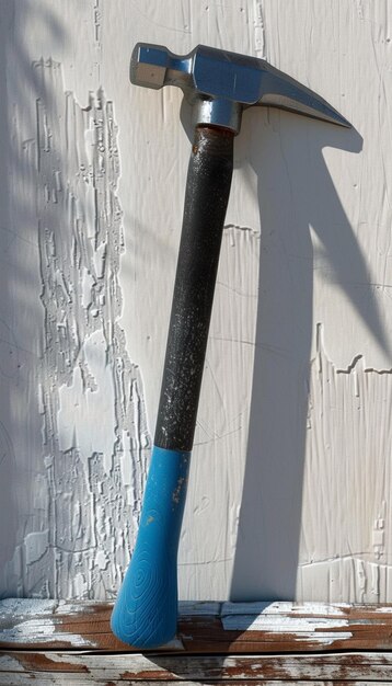 Photo a steel hammer with a blue handle and black