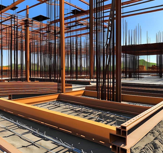 Photo steel installation process for building construction foundation