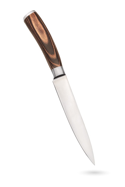 Steel kitchen utility knife with wooden handle isolated on white.