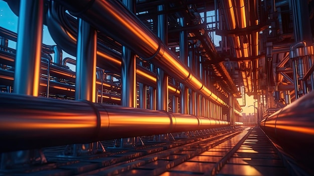 Steel long pipes in crude oil factory during sunset Generative Ai