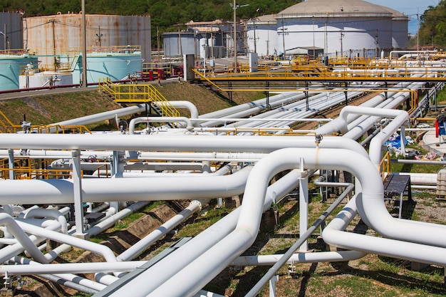 Steel long pipes in crude tank oil factory during refinery Petrochemistry industry in gas site distillery