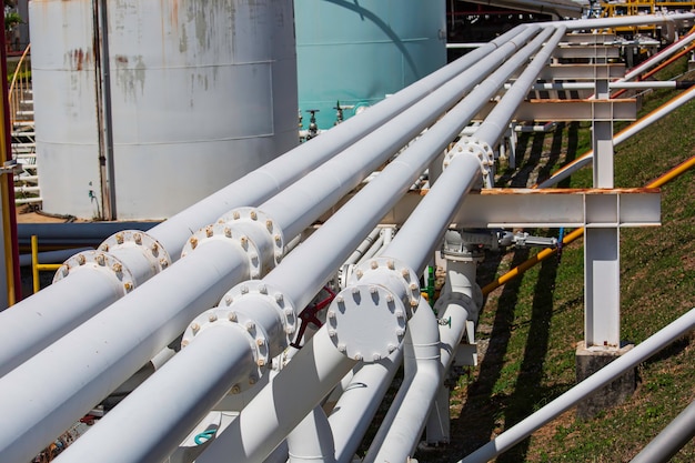 Steel long pipes and flange in crude tank oil factory during refinery Petrochemistry industry in gas site distillery