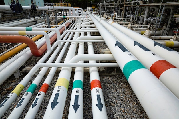 Steel long pipes flowing symbol and pipe elbow in station oil factory during refinery