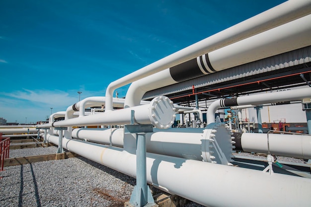 Steel long pipes and pipe elbow in station oil factory during refinery Petrochemistry industry in gas site distillery