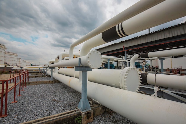 Steel long pipes and pipe elbow in station oil factory during refinery Petrochemistry industry