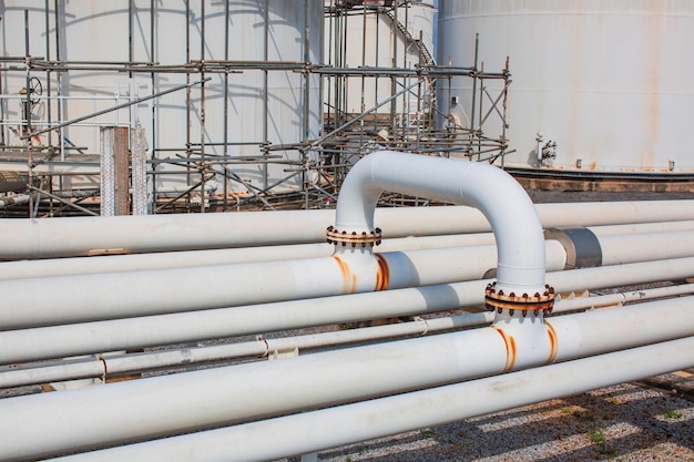 Steel long pipes and pipe elbow in station tank oil factory during refinery Petrochemistry industry in gas site distillery