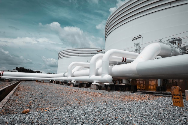 Steel long pipes and pipe elbow in station tank oil factory during refinery Petrochemistry industry