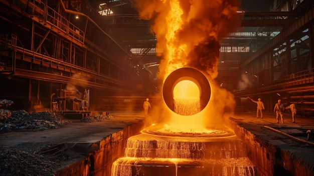 steel mill with furnaces melting metal and workers